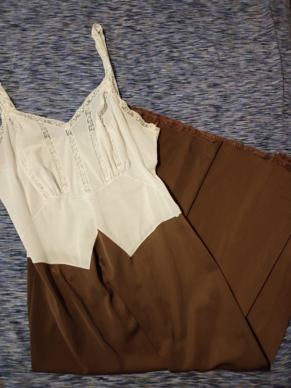 Vanity Fair White Lace Bodice Brown Satin Slip~Dress